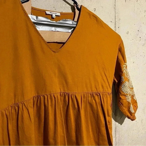 Madewell Linen Blend Embroidered Sleeve Dress Oversized Golden Sun Orange Fall M - Picture 4 of 11